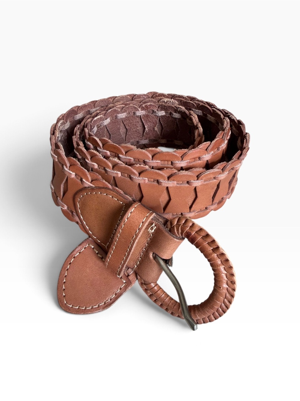 Fossil Vintage Tan/Cognac Woven Leather Women’s Belt Size M Bohemian Western